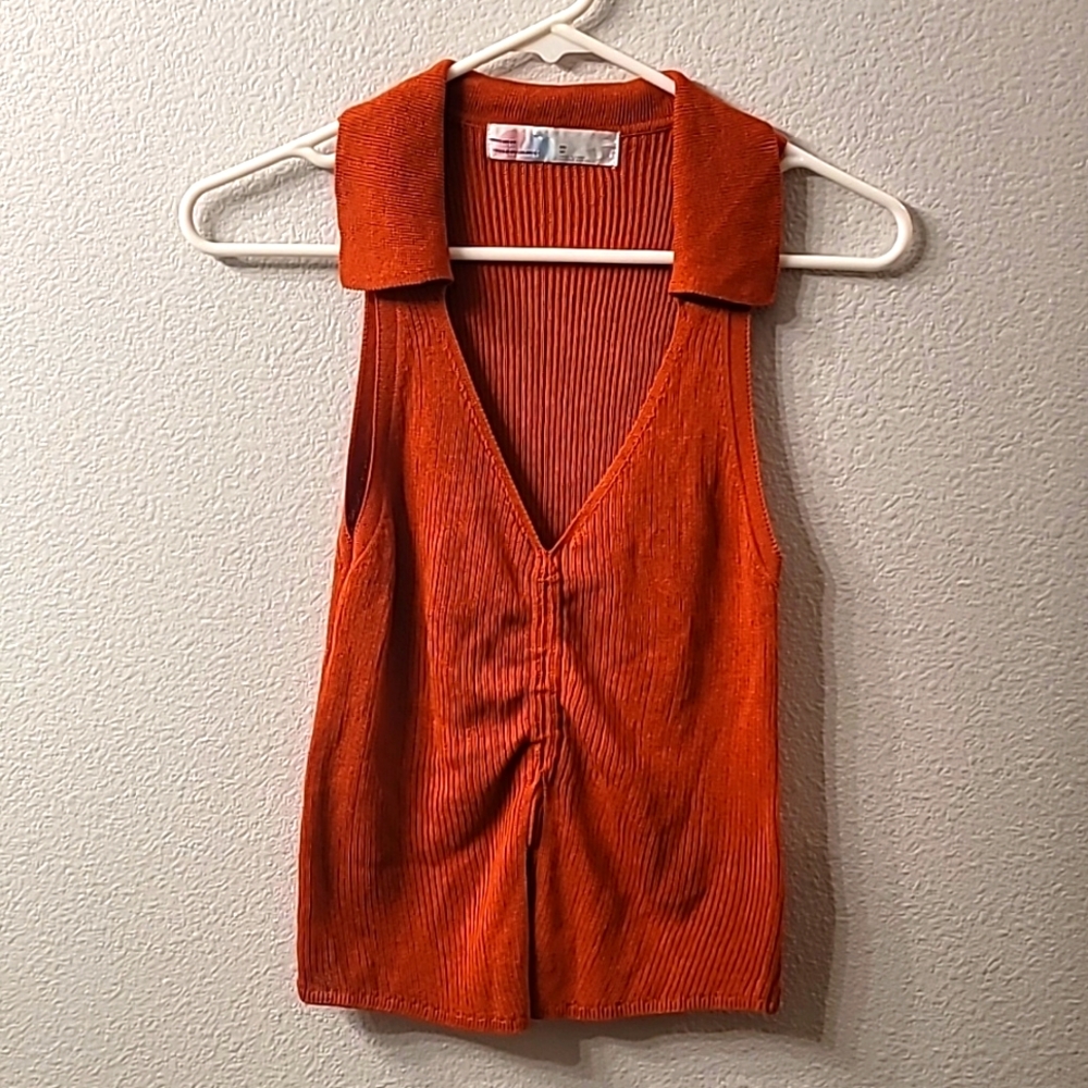 NWOT Free People Beach collard knitted v- neck tank Top burnt orange Size XS